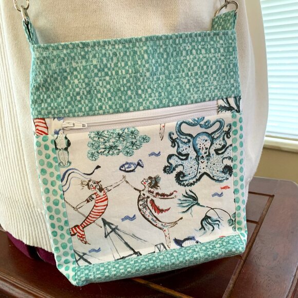 Handmade Aqua Cotton Crossbody Bag with Lining and Magnetic Snap Closure - Picture 9 of 9